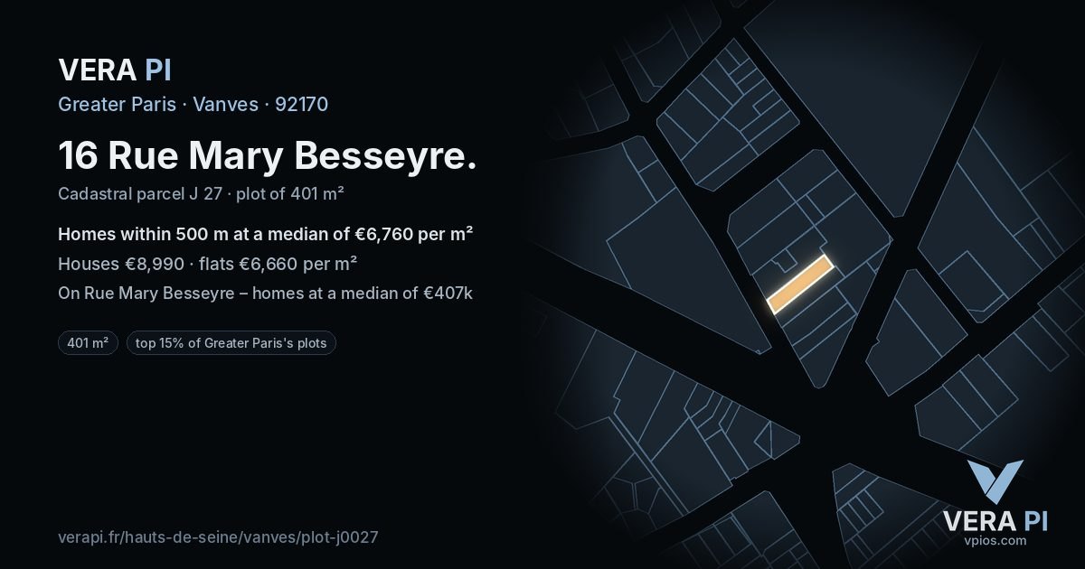 16 Rue Mary Besseyre, Vanves at night – the plot lit, the parcels around coloured by the prices near them