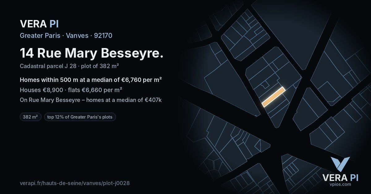 14 Rue Mary Besseyre, Vanves at night – the plot lit, the parcels around coloured by the prices near them