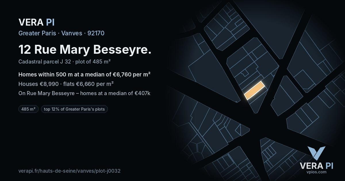12 Rue Mary Besseyre, Vanves at night – the plot lit, the parcels around coloured by the prices near them