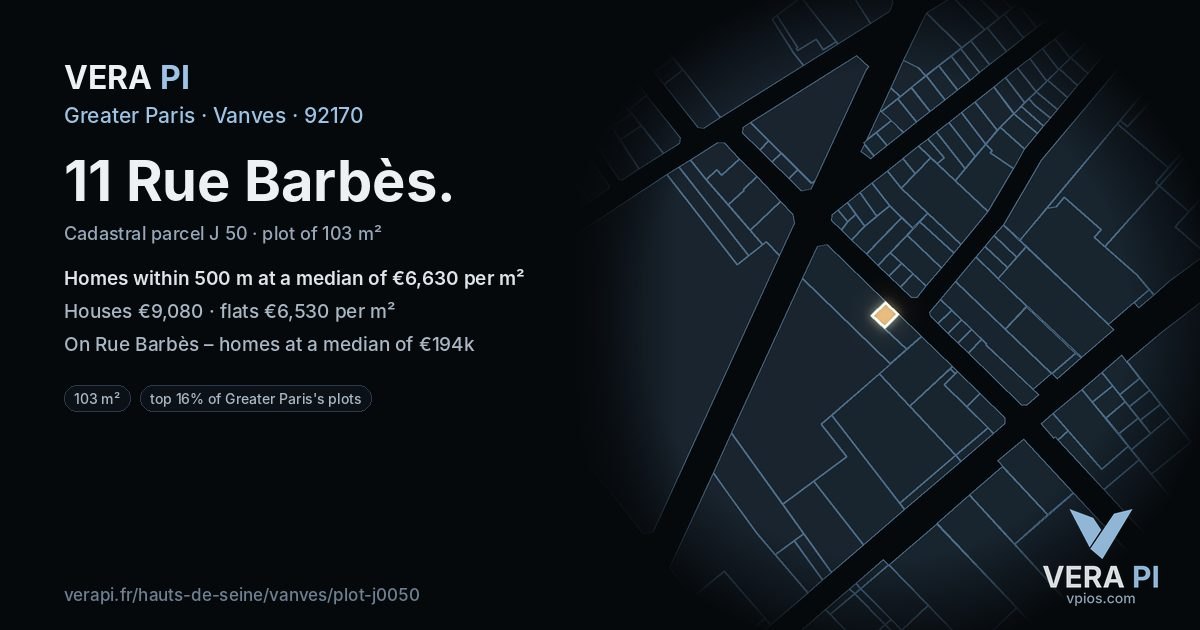 11 Rue Barbès, Vanves at night – the plot lit, the parcels around coloured by the prices near them
