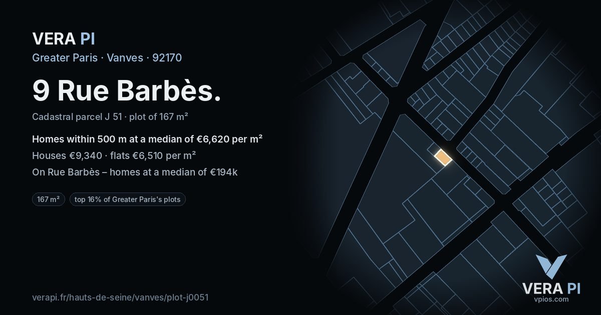 9 Rue Barbès, Vanves at night – the plot lit, the parcels around coloured by the prices near them