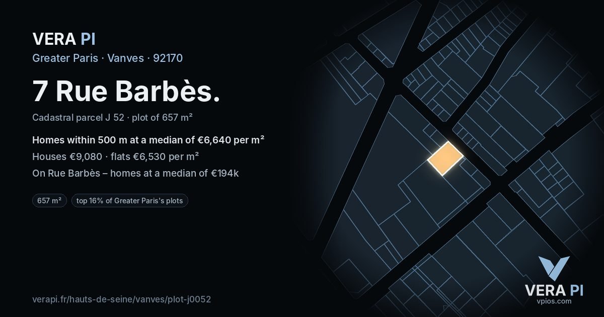 7 Rue Barbès, Vanves at night – the plot lit, the parcels around coloured by the prices near them