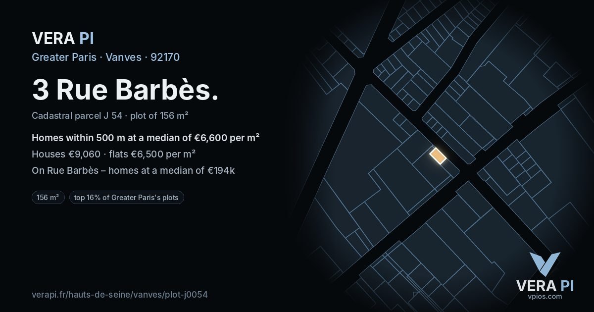3 Rue Barbès, Vanves at night – the plot lit, the parcels around coloured by the prices near them