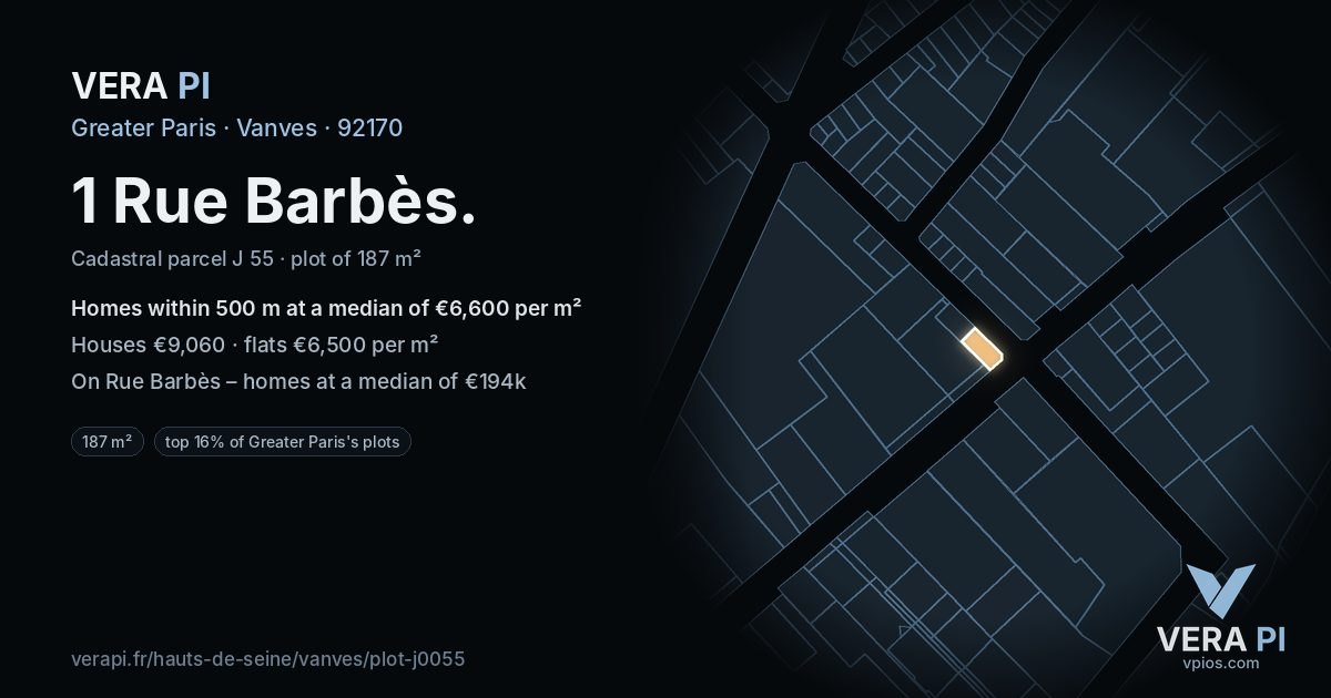 1 Rue Barbès, Vanves at night – the plot lit, the parcels around coloured by the prices near them