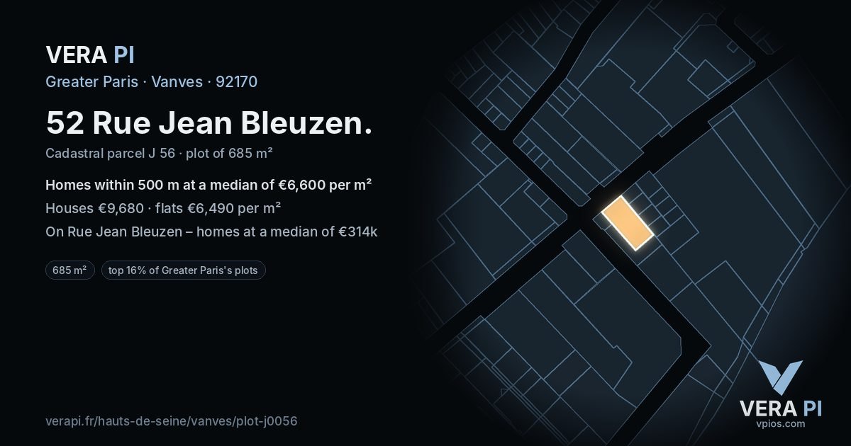 52 Rue Jean Bleuzen, Vanves at night – the plot lit, the parcels around coloured by the prices near them