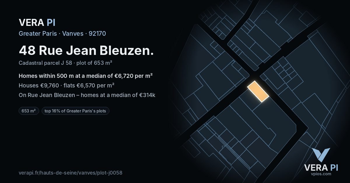 48 Rue Jean Bleuzen, Vanves at night – the plot lit, the parcels around coloured by the prices near them