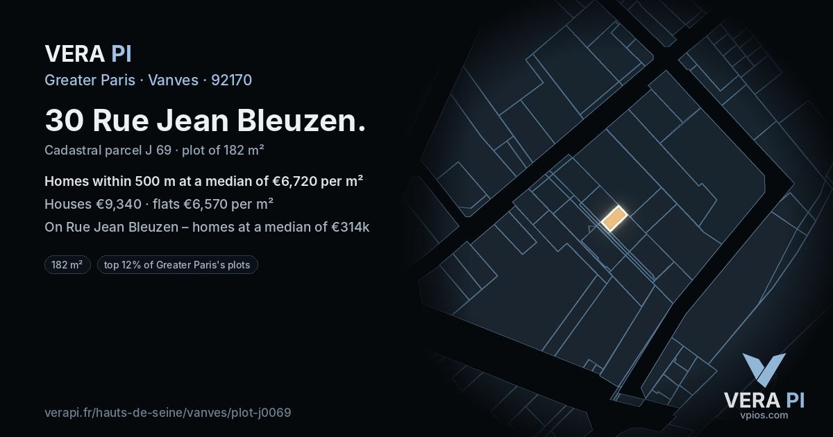 30 Rue Jean Bleuzen, Vanves at night – the plot lit, the parcels around coloured by the prices near them