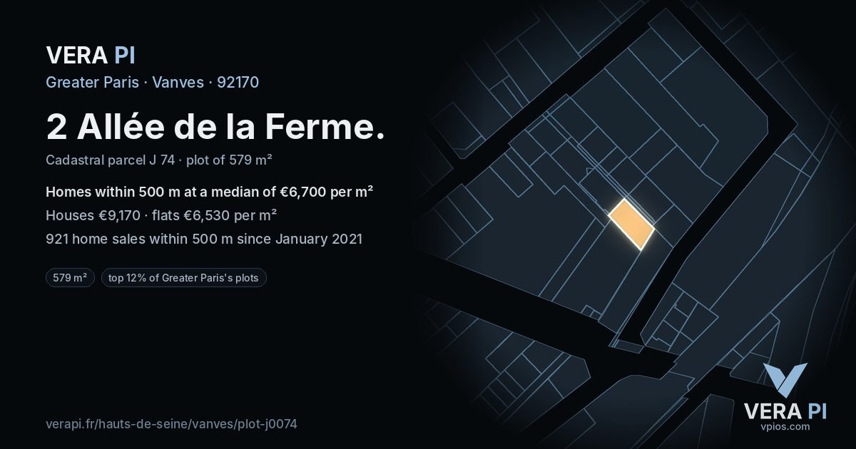 2 Allée de la Ferme, Vanves at night – the plot lit, the parcels around coloured by the prices near them
