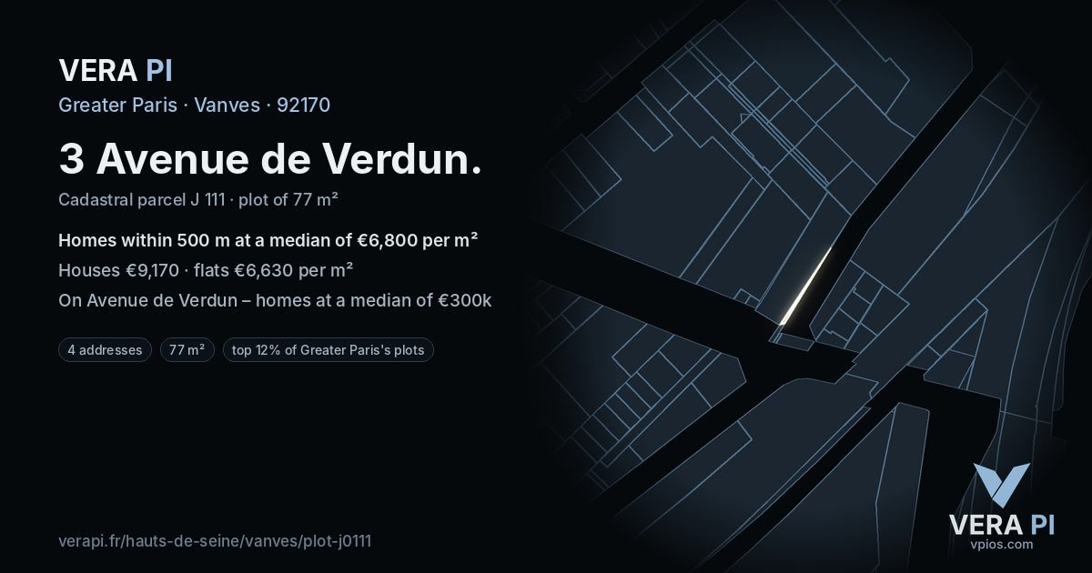 3 Avenue de Verdun, Vanves at night – the plot lit, the parcels around coloured by the prices near them