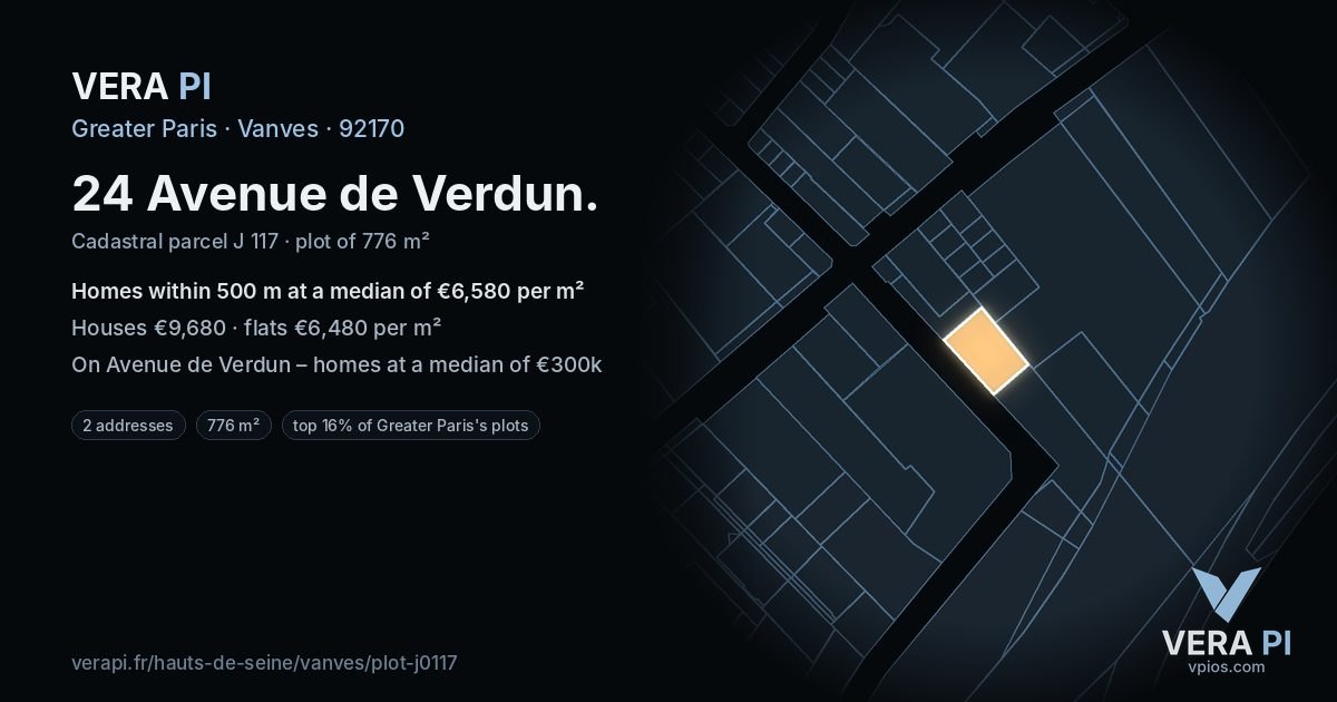 24 Avenue de Verdun, Vanves at night – the plot lit, the parcels around coloured by the prices near them