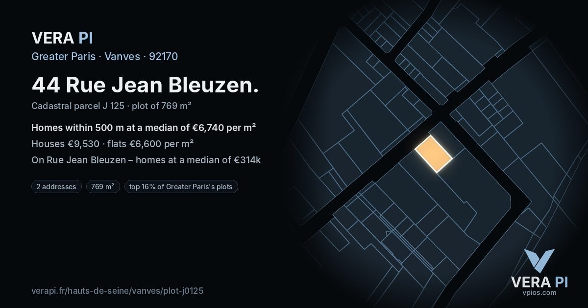 44 Rue Jean Bleuzen, Vanves at night – the plot lit, the parcels around coloured by the prices near them