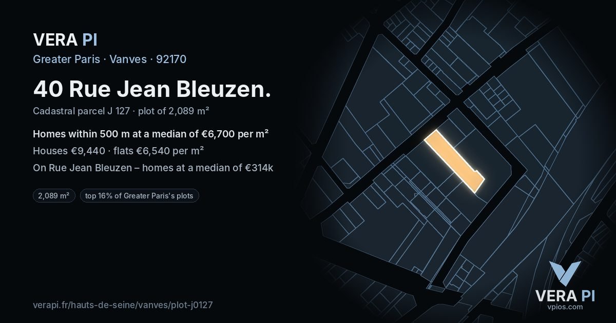 40 Rue Jean Bleuzen, Vanves at night – the plot lit, the parcels around coloured by the prices near them