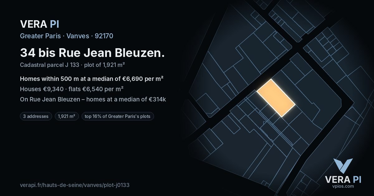 34 bis Rue Jean Bleuzen, Vanves at night – the plot lit, the parcels around coloured by the prices near them