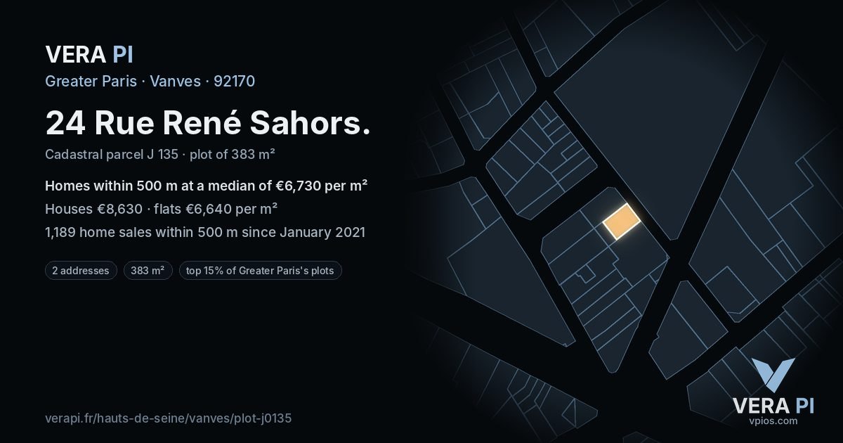 24 Rue René Sahors, Vanves at night – the plot lit, the parcels around coloured by the prices near them