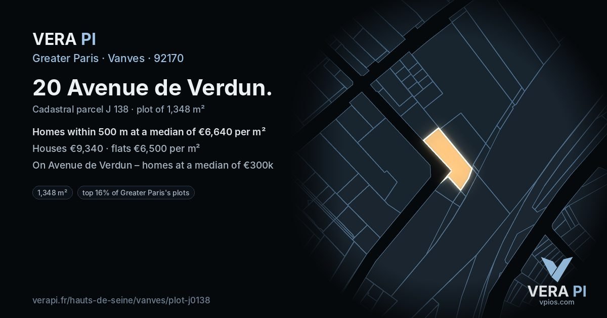 20 Avenue de Verdun, Vanves at night – the plot lit, the parcels around coloured by the prices near them