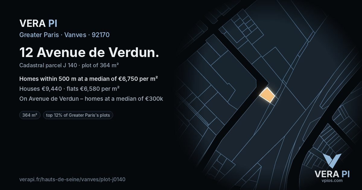 12 Avenue de Verdun, Vanves at night – the plot lit, the parcels around coloured by the prices near them