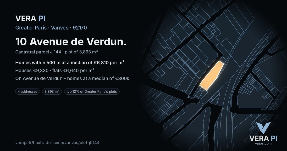10 Avenue de Verdun, Vanves at night – the plot lit, the parcels around coloured by the prices near them
