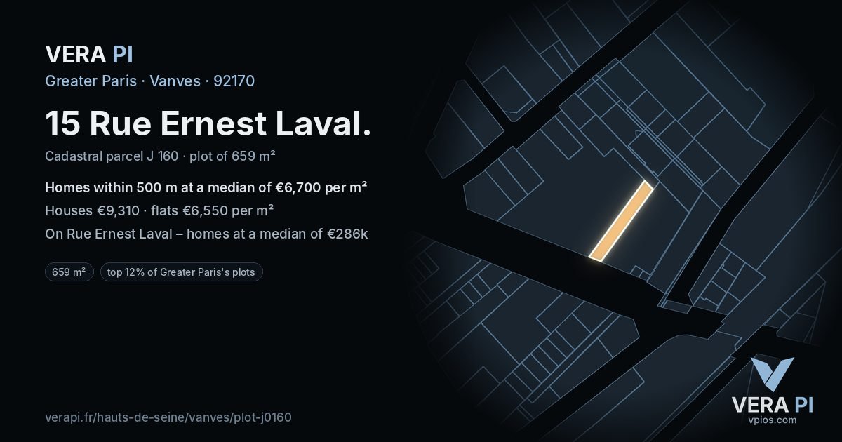 15 Rue Ernest Laval, Vanves at night – the plot lit, the parcels around coloured by the prices near them