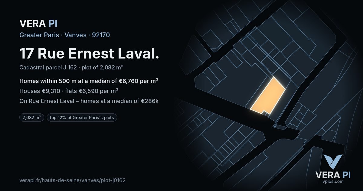 17 Rue Ernest Laval, Vanves at night – the plot lit, the parcels around coloured by the prices near them