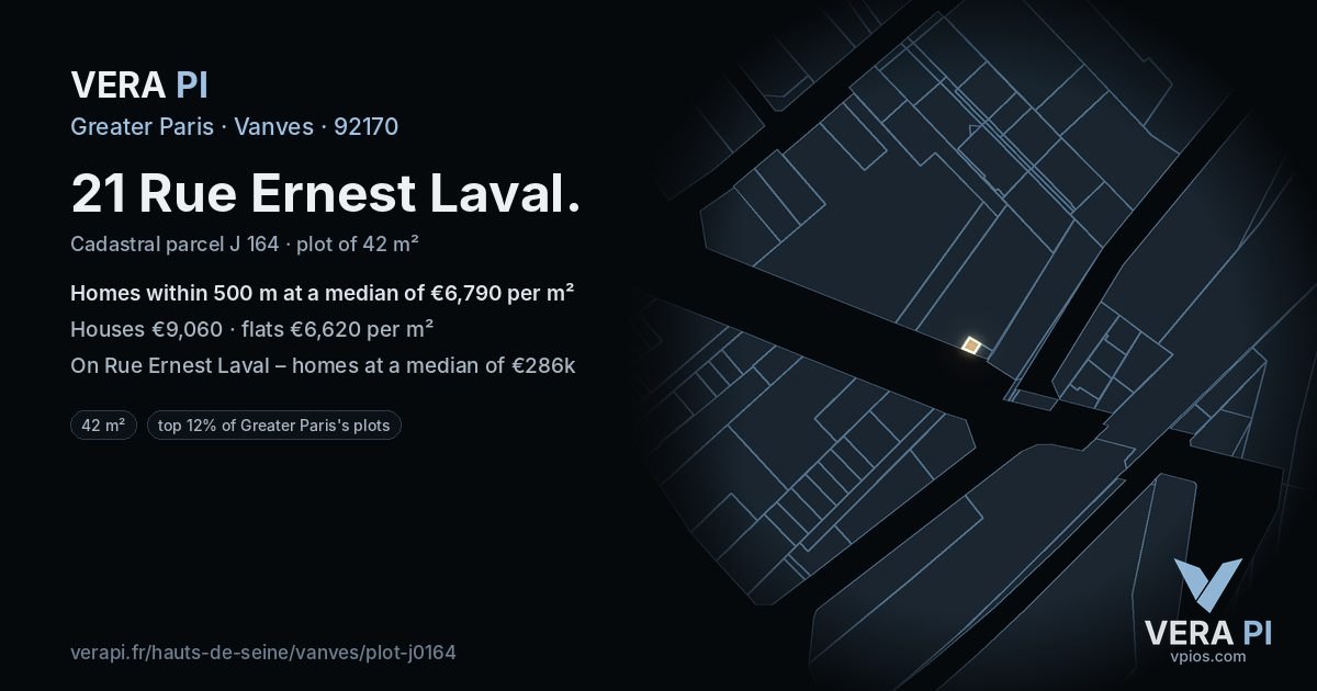 21 Rue Ernest Laval, Vanves at night – the plot lit, the parcels around coloured by the prices near them