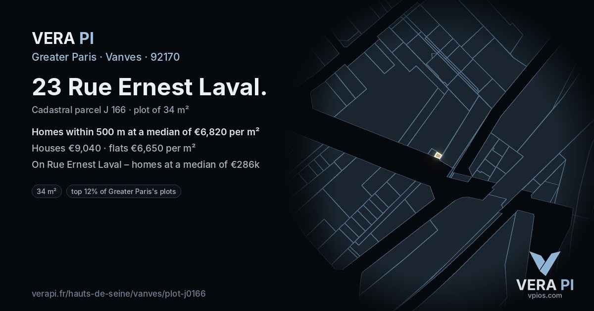 23 Rue Ernest Laval, Vanves at night – the plot lit, the parcels around coloured by the prices near them