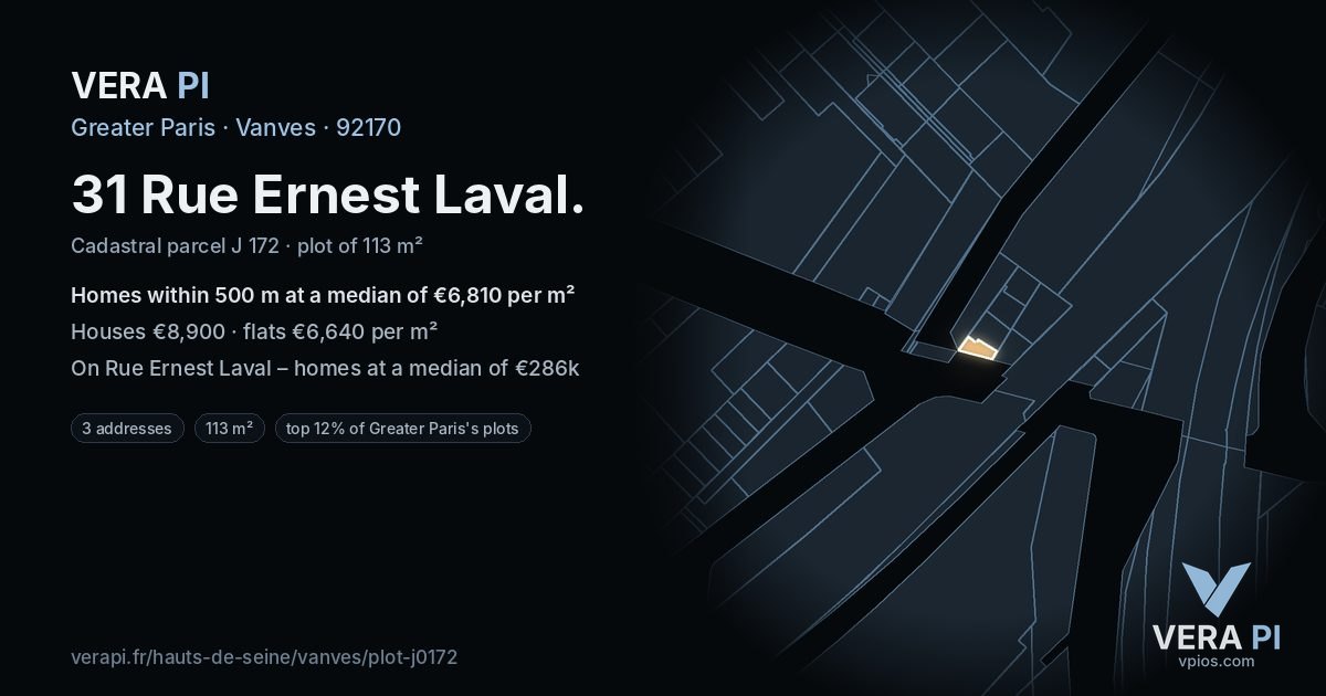 31 Rue Ernest Laval, Vanves at night – the plot lit, the parcels around coloured by the prices near them