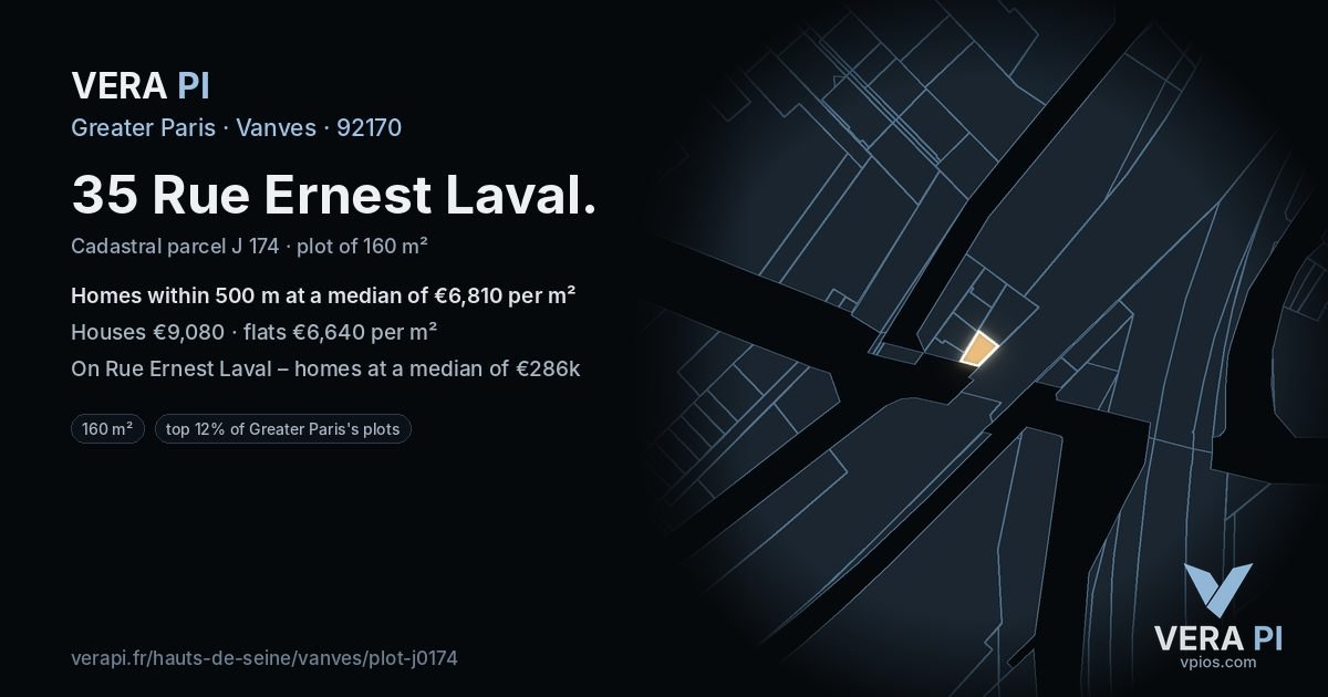 35 Rue Ernest Laval, Vanves at night – the plot lit, the parcels around coloured by the prices near them