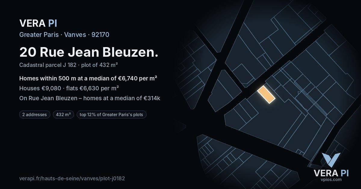 20 Rue Jean Bleuzen, Vanves at night – the plot lit, the parcels around coloured by the prices near them