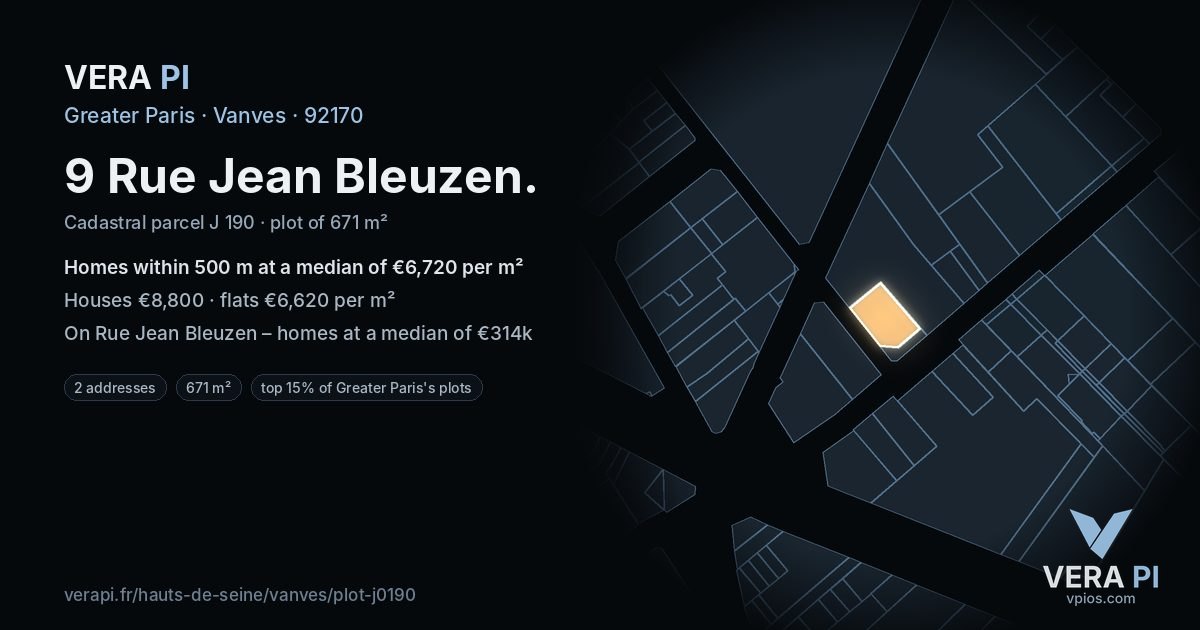 9 Rue Jean Bleuzen, Vanves at night – the plot lit, the parcels around coloured by the prices near them