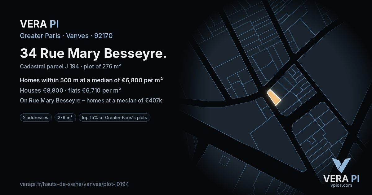34 Rue Mary Besseyre, Vanves at night – the plot lit, the parcels around coloured by the prices near them