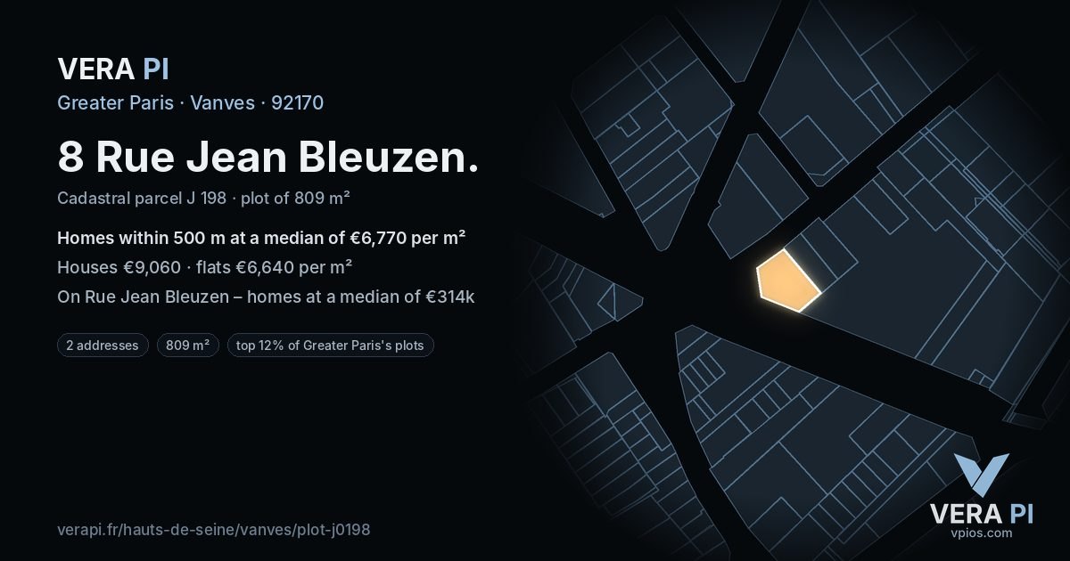 8 Rue Jean Bleuzen, Vanves at night – the plot lit, the parcels around coloured by the prices near them