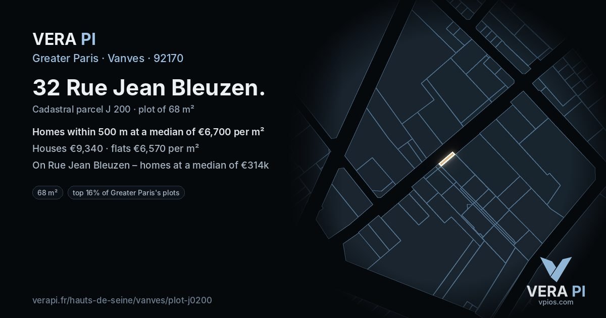 32 Rue Jean Bleuzen, Vanves at night – the plot lit, the parcels around coloured by the prices near them