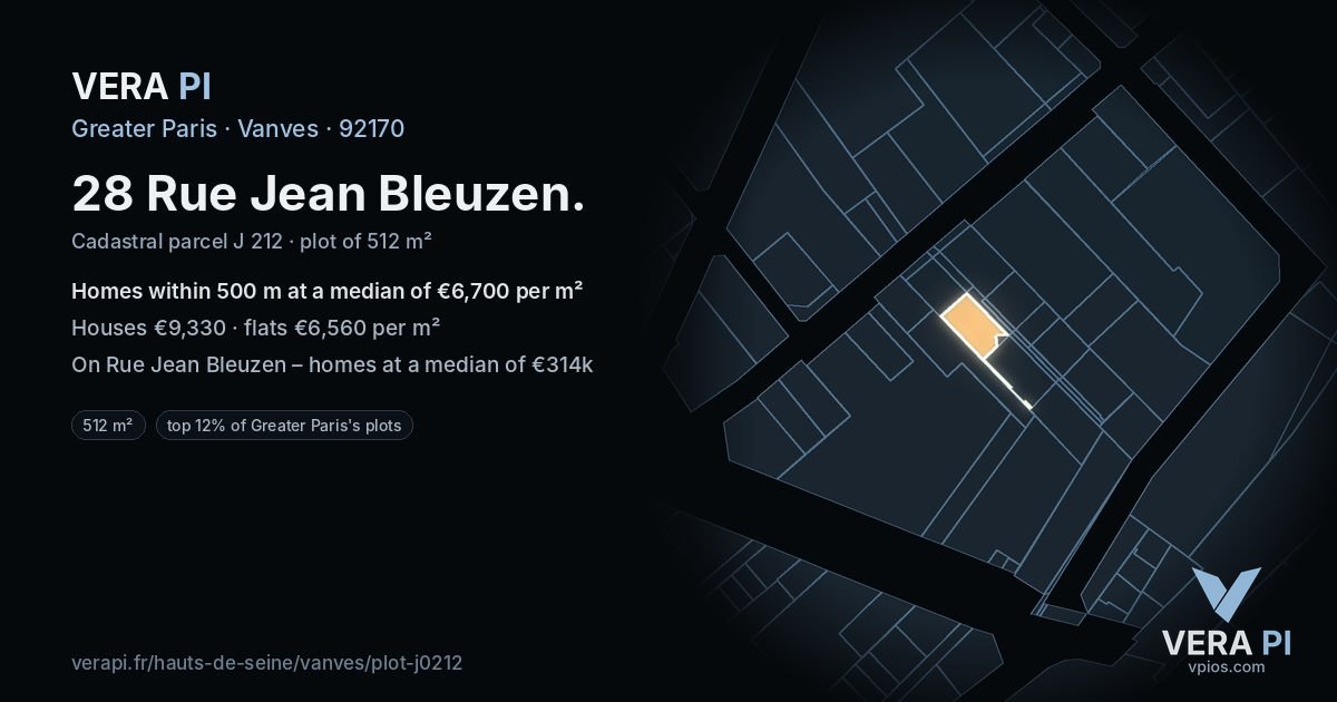 28 Rue Jean Bleuzen, Vanves at night – the plot lit, the parcels around coloured by the prices near them