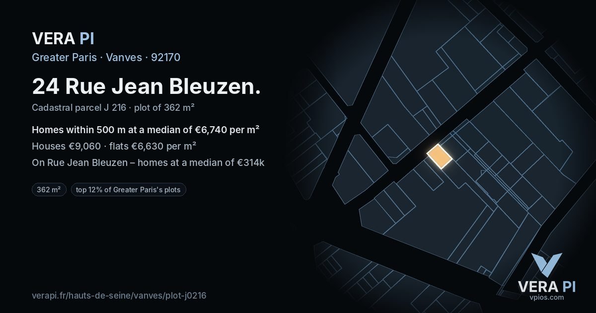 24 Rue Jean Bleuzen, Vanves at night – the plot lit, the parcels around coloured by the prices near them