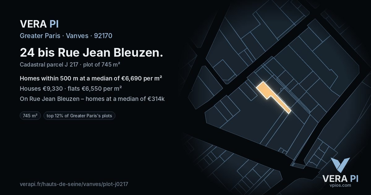 24 bis Rue Jean Bleuzen, Vanves at night – the plot lit, the parcels around coloured by the prices near them