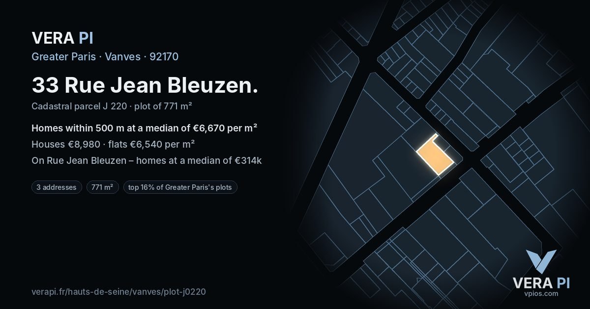 33 Rue Jean Bleuzen, Vanves at night – the plot lit, the parcels around coloured by the prices near them