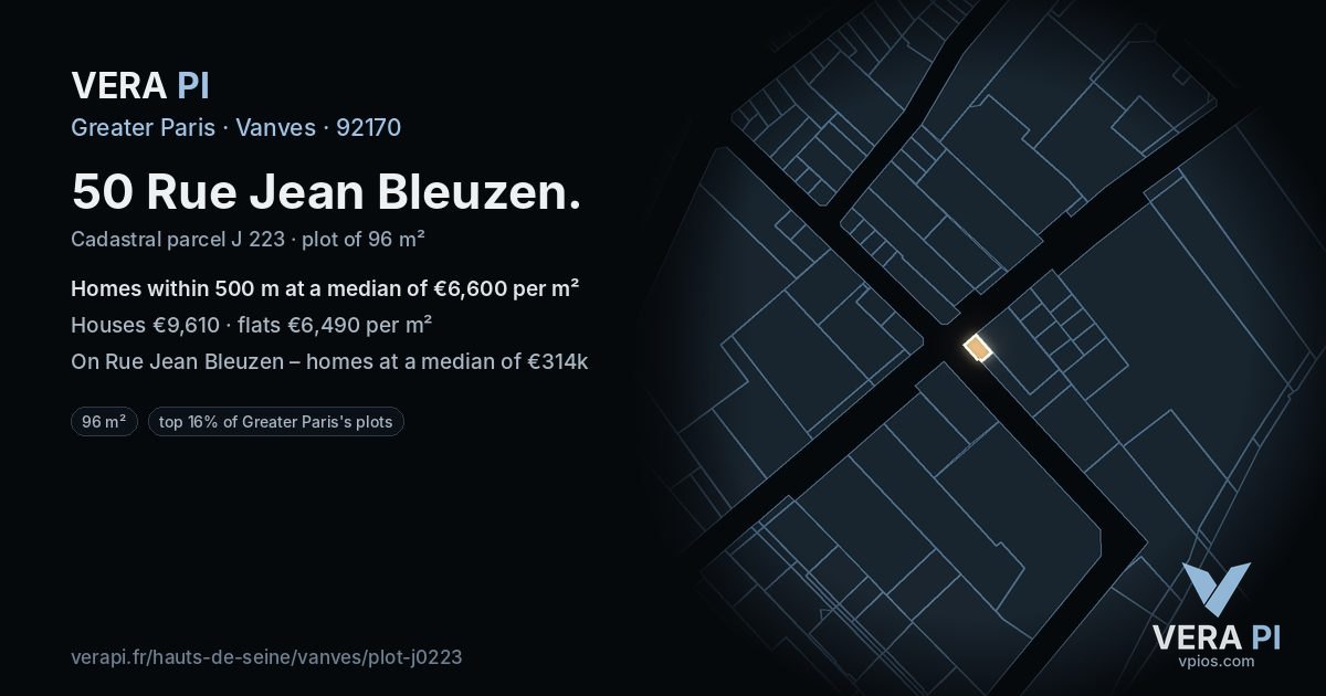 50 Rue Jean Bleuzen, Vanves at night – the plot lit, the parcels around coloured by the prices near them