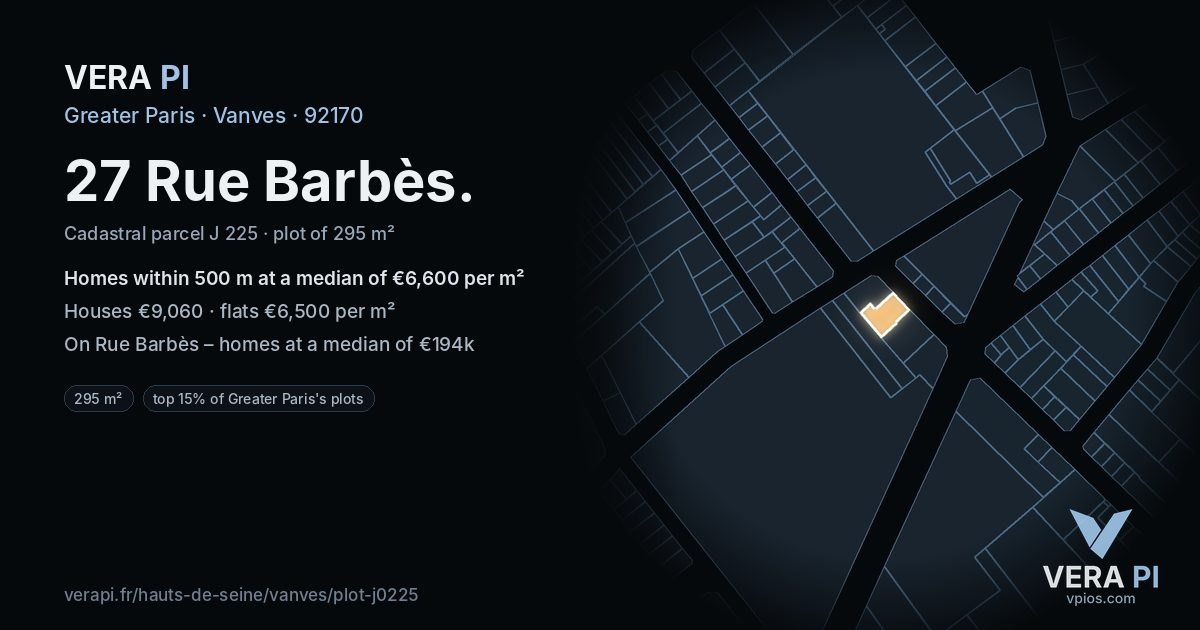27 Rue Barbès, Vanves at night – the plot lit, the parcels around coloured by the prices near them