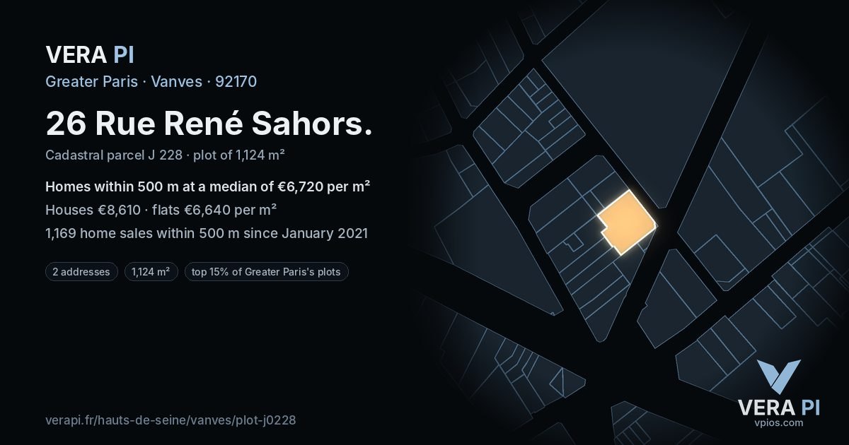 26 Rue René Sahors, Vanves at night – the plot lit, the parcels around coloured by the prices near them