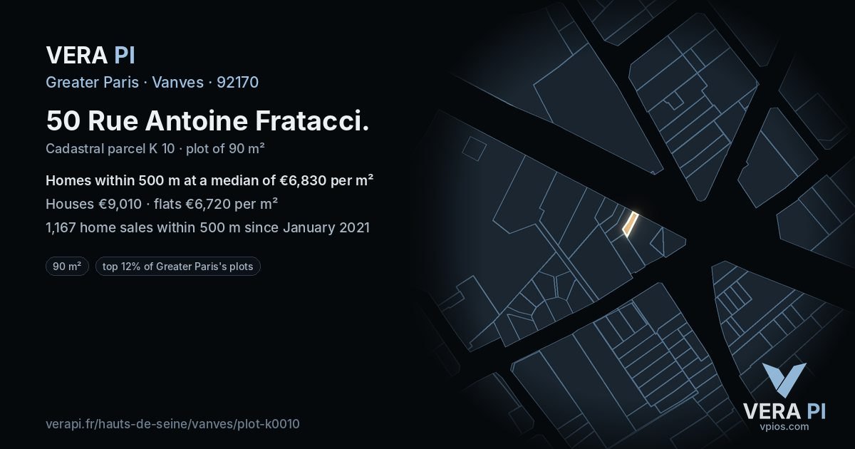 50 Rue Antoine Fratacci, Vanves at night – the plot lit, the parcels around coloured by the prices near them