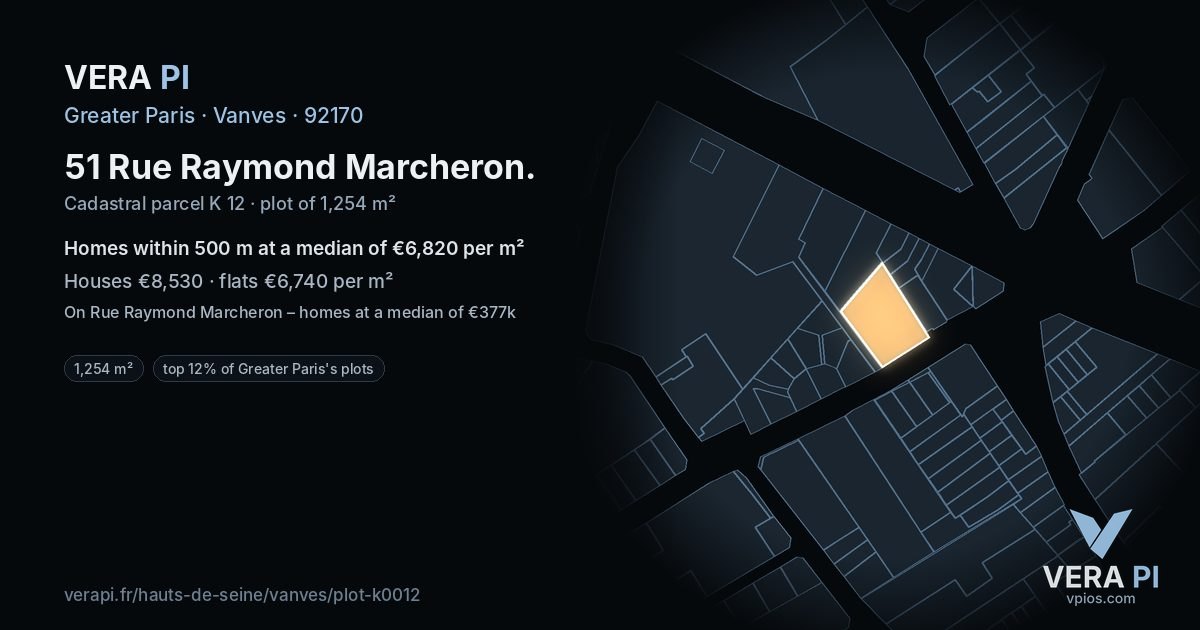 51 Rue Raymond Marcheron, Vanves at night – the plot lit, the parcels around coloured by the prices near them