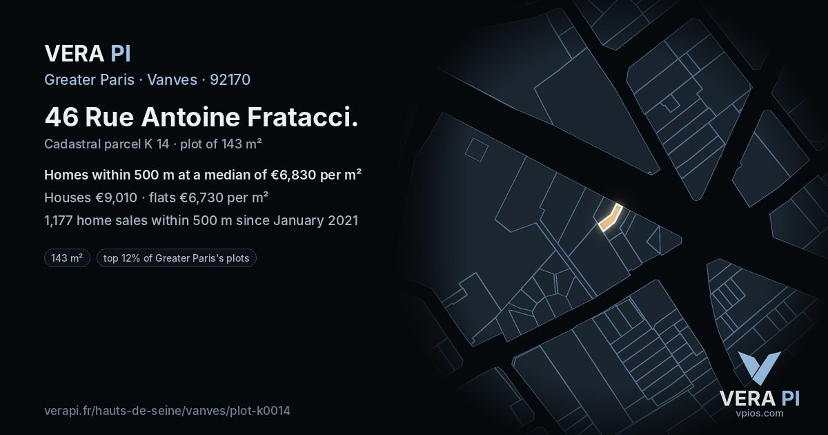 46 Rue Antoine Fratacci, Vanves at night – the plot lit, the parcels around coloured by the prices near them