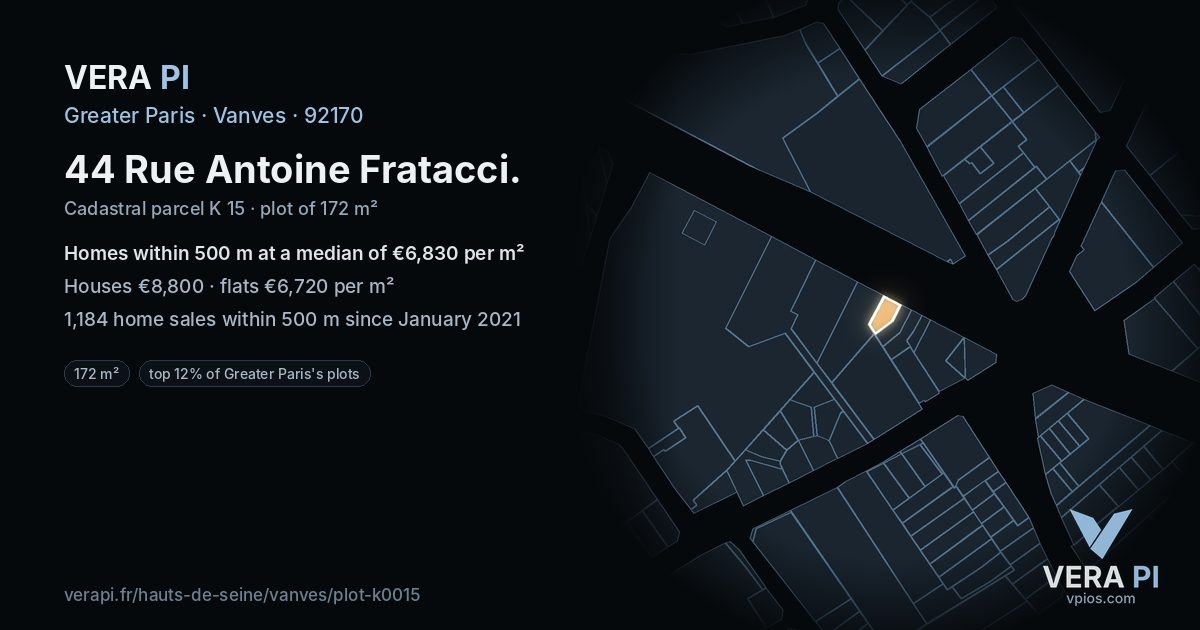 44 Rue Antoine Fratacci, Vanves at night – the plot lit, the parcels around coloured by the prices near them