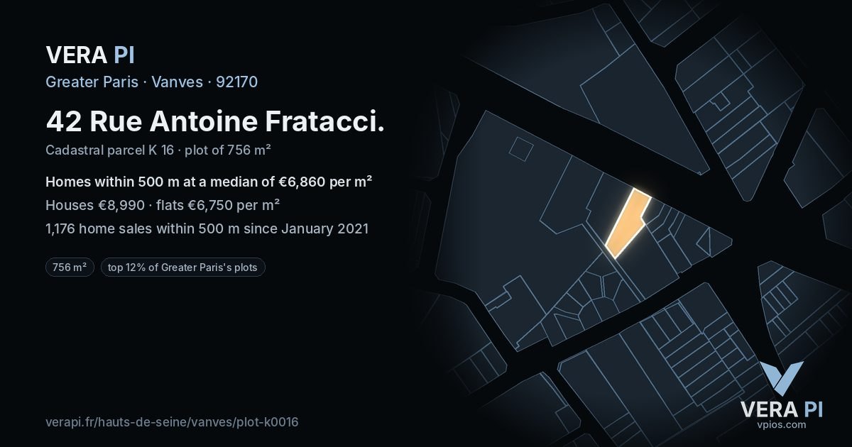 42 Rue Antoine Fratacci, Vanves at night – the plot lit, the parcels around coloured by the prices near them