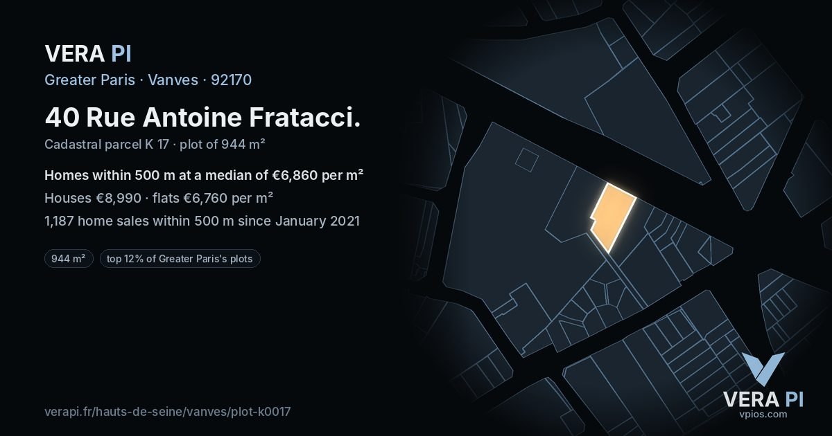 40 Rue Antoine Fratacci, Vanves at night – the plot lit, the parcels around coloured by the prices near them