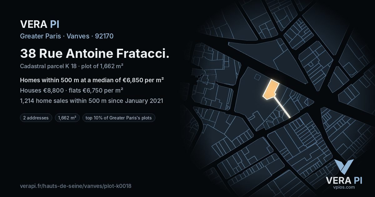 38 Rue Antoine Fratacci, Vanves at night – the plot lit, the parcels around coloured by the prices near them