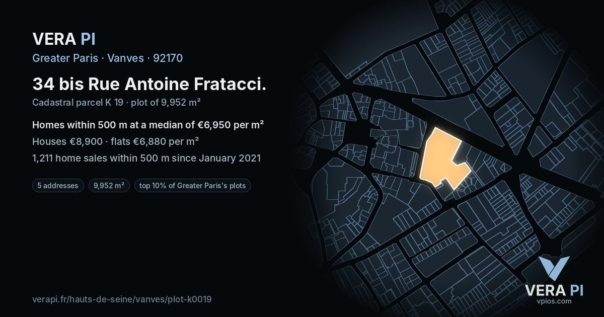 34 bis Rue Antoine Fratacci, Vanves at night – the plot lit, the parcels around coloured by the prices near them