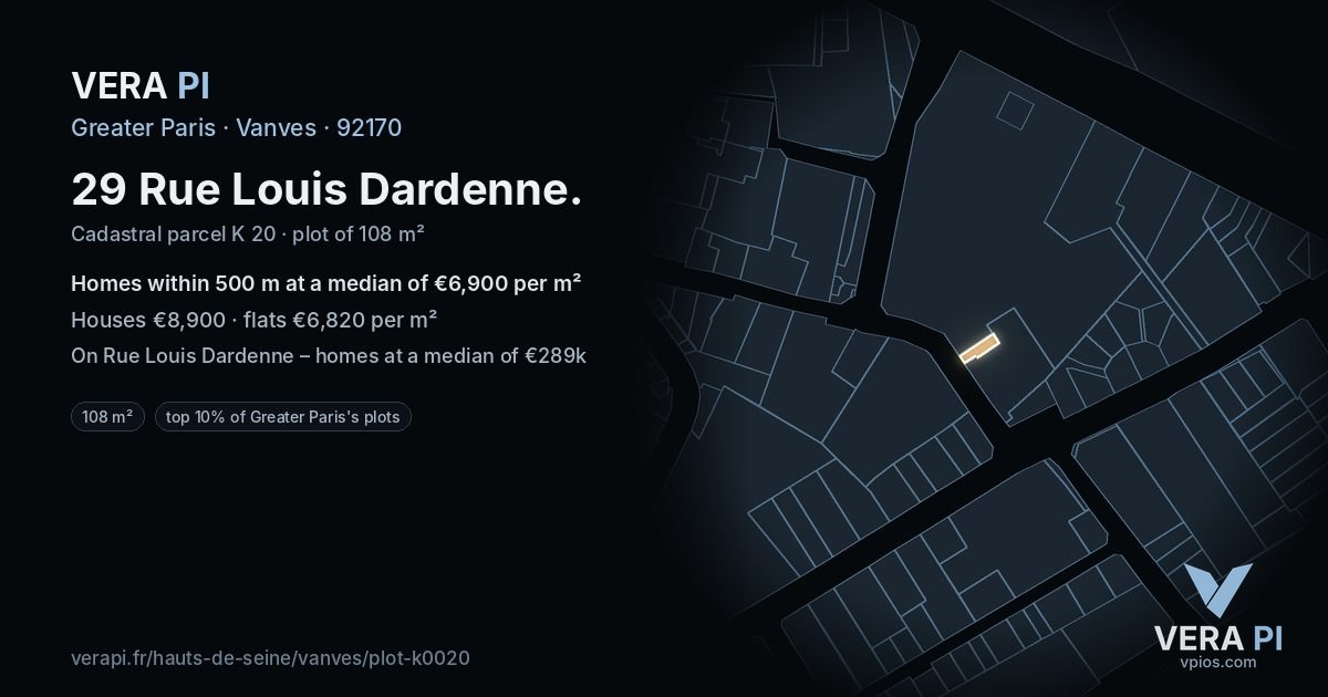 29 Rue Louis Dardenne, Vanves at night – the plot lit, the parcels around coloured by the prices near them