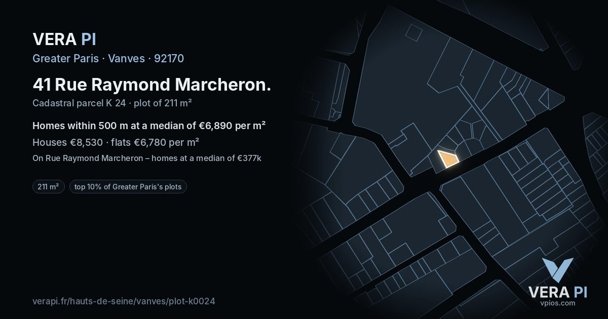 41 Rue Raymond Marcheron, Vanves at night – the plot lit, the parcels around coloured by the prices near them