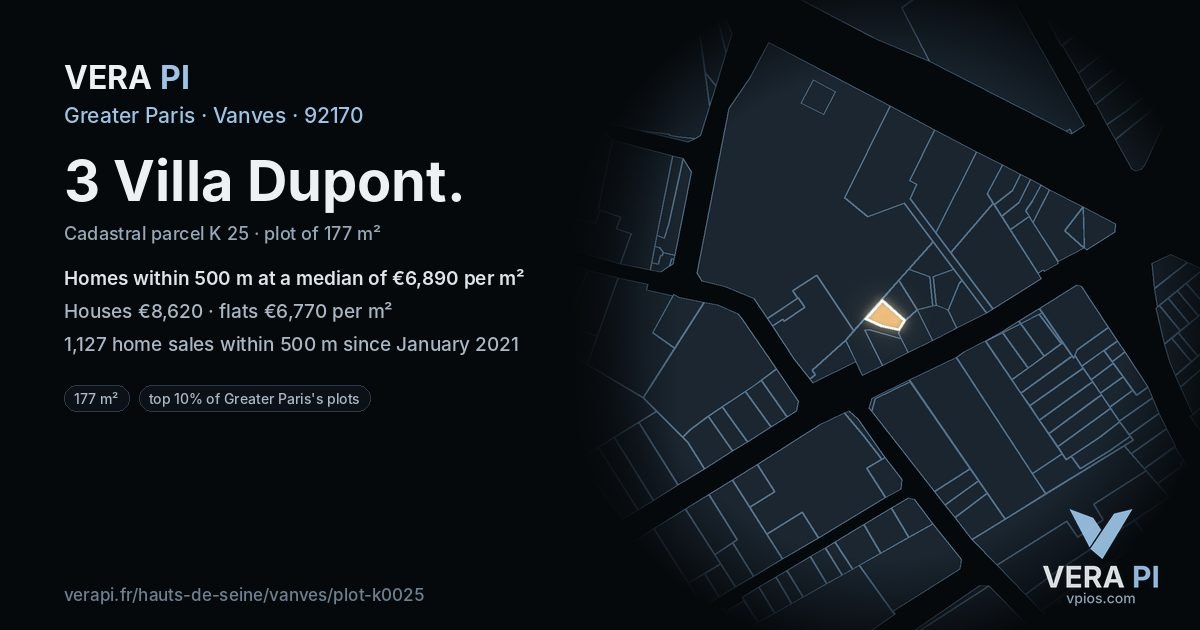 3 Villa Dupont, Vanves at night – the plot lit, the parcels around coloured by the prices near them